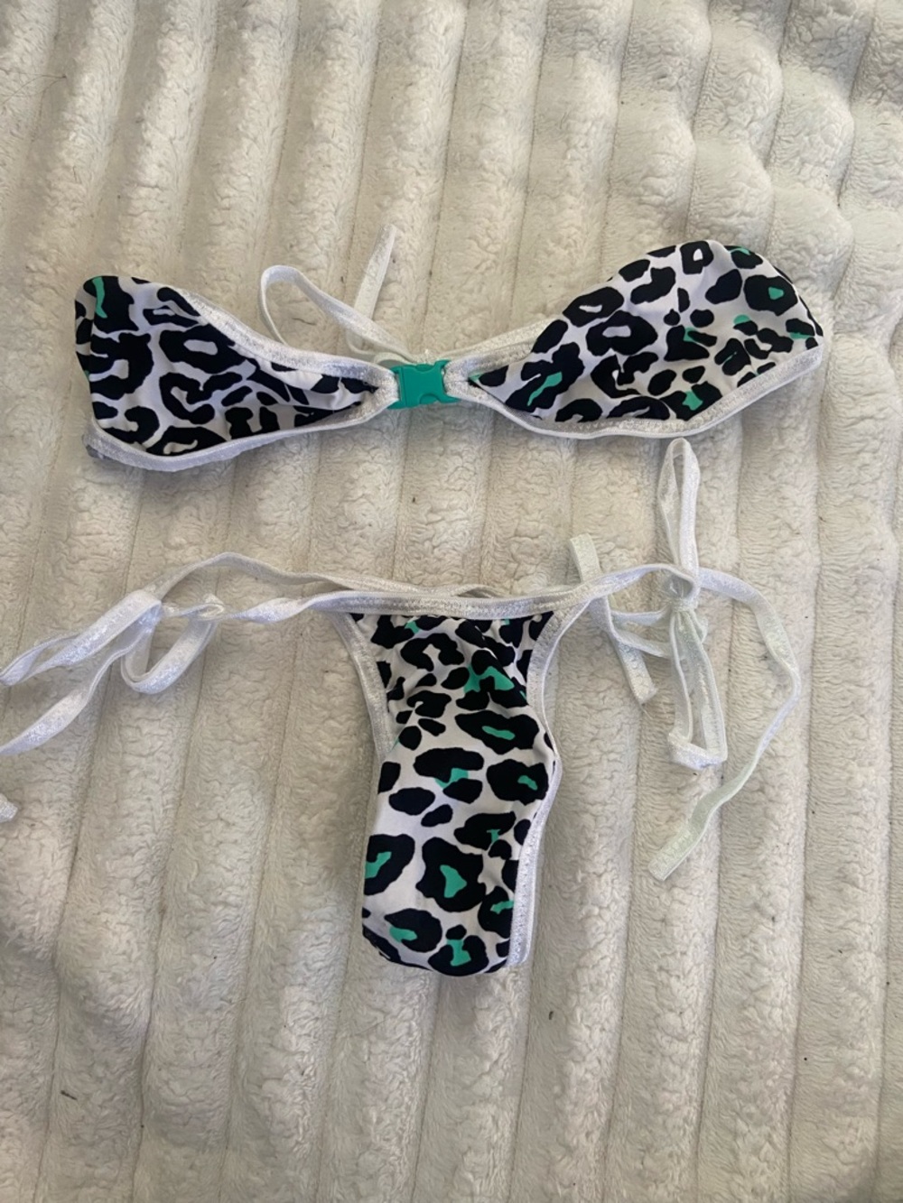 White & Teal Leopard Print String Bikini Set